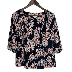 J. Jill Navy Floral Print Gathered Neckline Top
